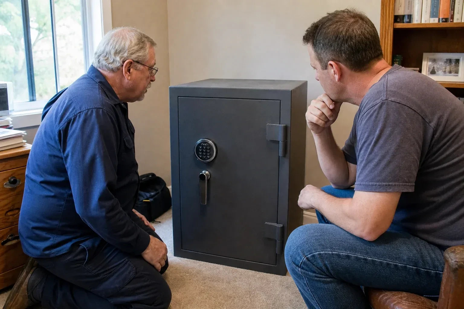 Two adults discussing a closed keypad safe in a home study. — Safe Opening & Combination Change, Kitchener