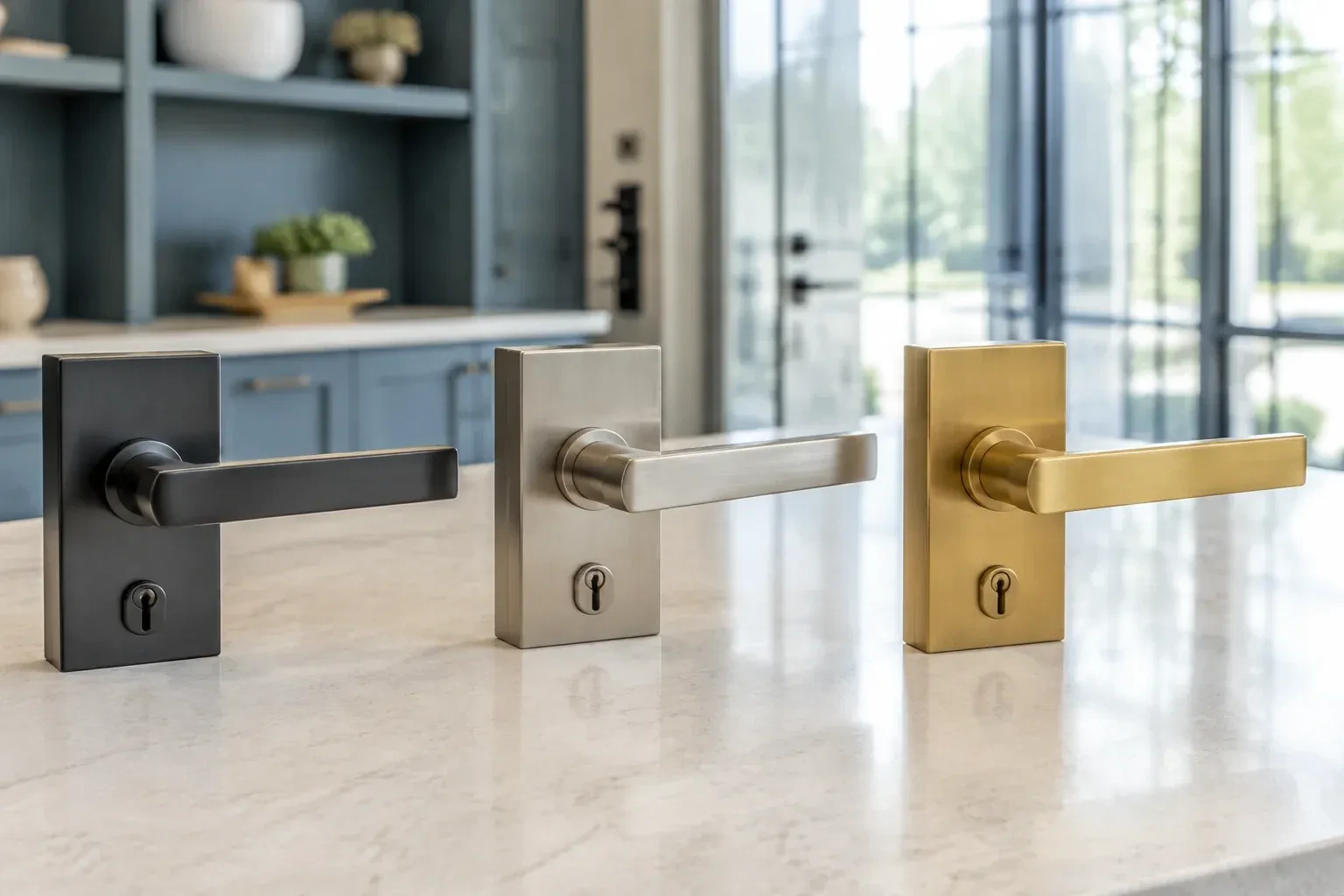 Three rectangular door-handle sets with keyholes in black, silver-colored and gold-colored finishes standing on a countertop. — Commercial Rekeying, Kitchener