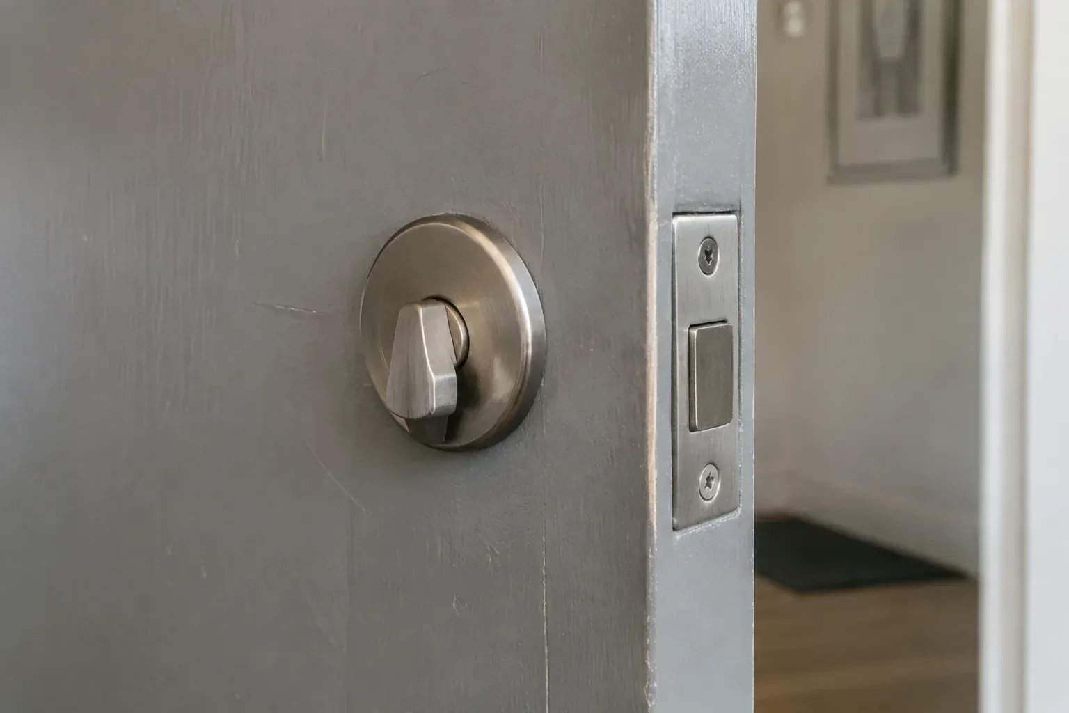 Close view of a satin-nickel deadbolt thumbturn and edge faceplate on a painted timber door. — Deadbolt Installation, Kitchener
