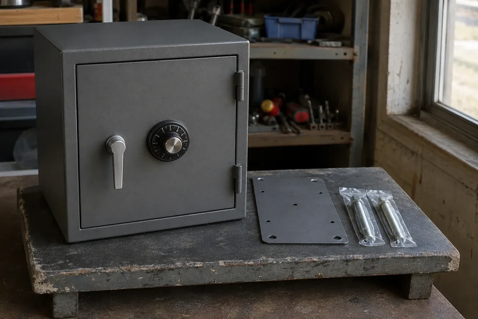 Closed small safe beside a metal plate and packaged fasteners on a workshop bench. — Safe Installation & Servicing, Kitchener
