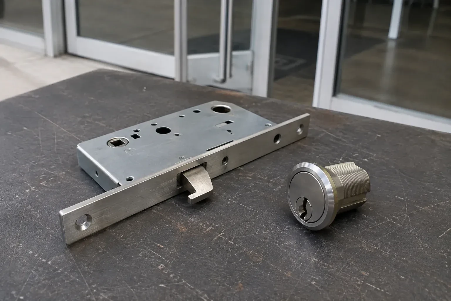 Detached mortise lock body with a projecting hook-shaped bolt beside a threaded cylinder. — Commercial-Grade Lock Replacement, Kitchener