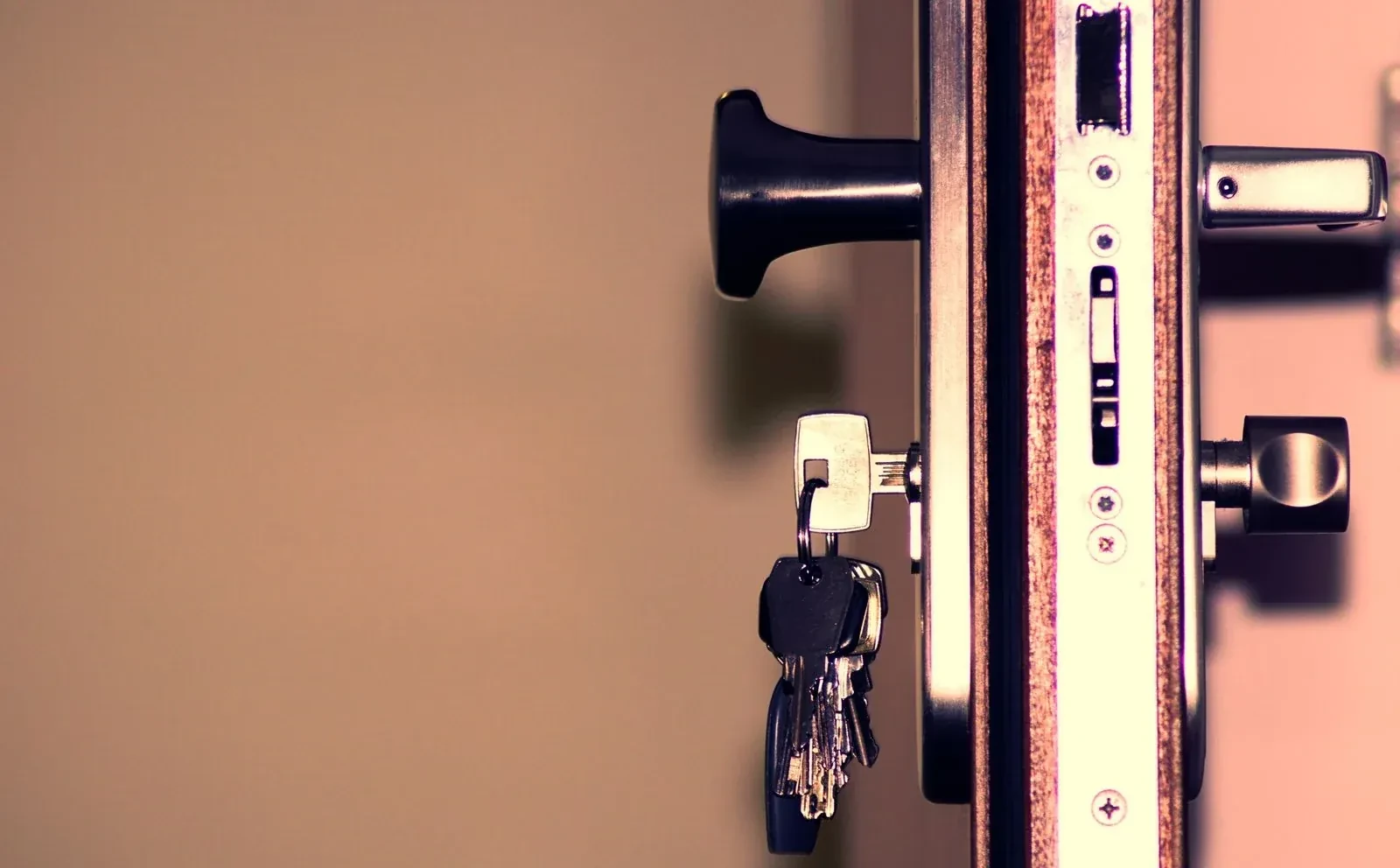 Bunch of keys hanging from a key in a door lock, beside a black knob and the door's metal edge plate. — Stanley Park