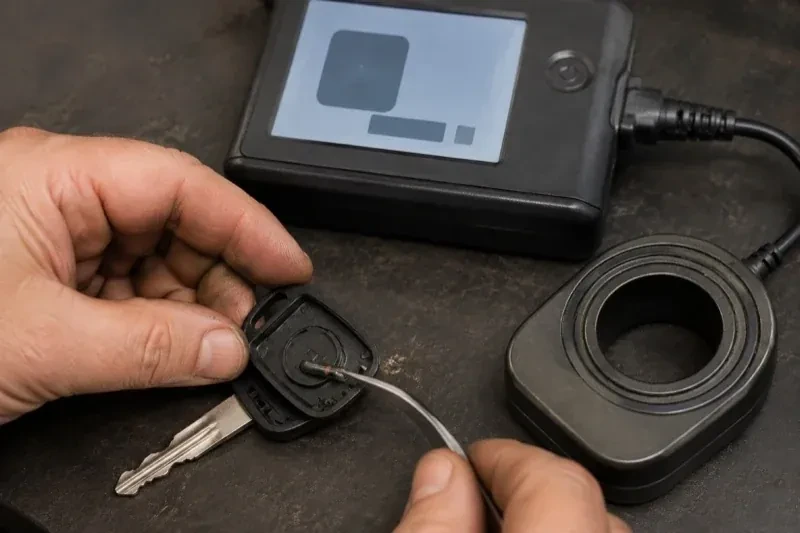 Hands using tweezers at an opened car-key head beside a small electronic unit and a ring-shaped accessory. — Transponder Key Programming, Kitchener