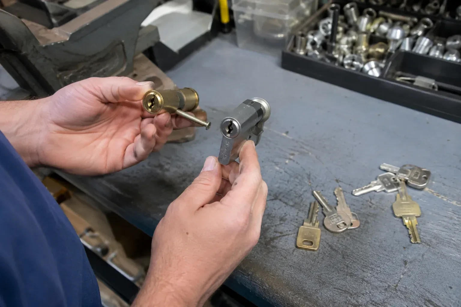 Hands comparing detached lock cylinders beside loose keys on a workbench. — Broken Key Extraction, Rosemount