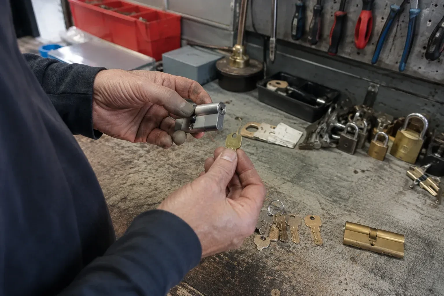 Hands holding a silver-colored lock cylinder and a brass-colored key above a workbench with padlocks, keys and tools. — Master Key System Design, Kitchener