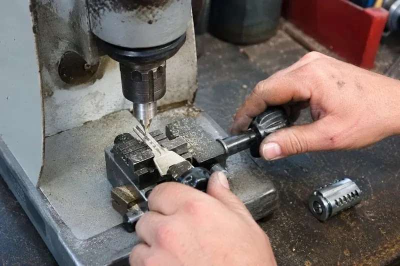 Hands operating a bench-mounted machine with a key clamped beneath a vertical cutter and a loose lock cylinder nearby. — Car Key Replacement, Kitchener