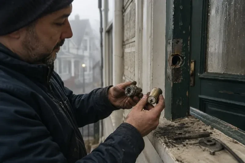 Person holding two lock cylinders beside an open painted door, with loose hardware and debris on the sill. — Seized & Jammed Lock Opening, Kitchener