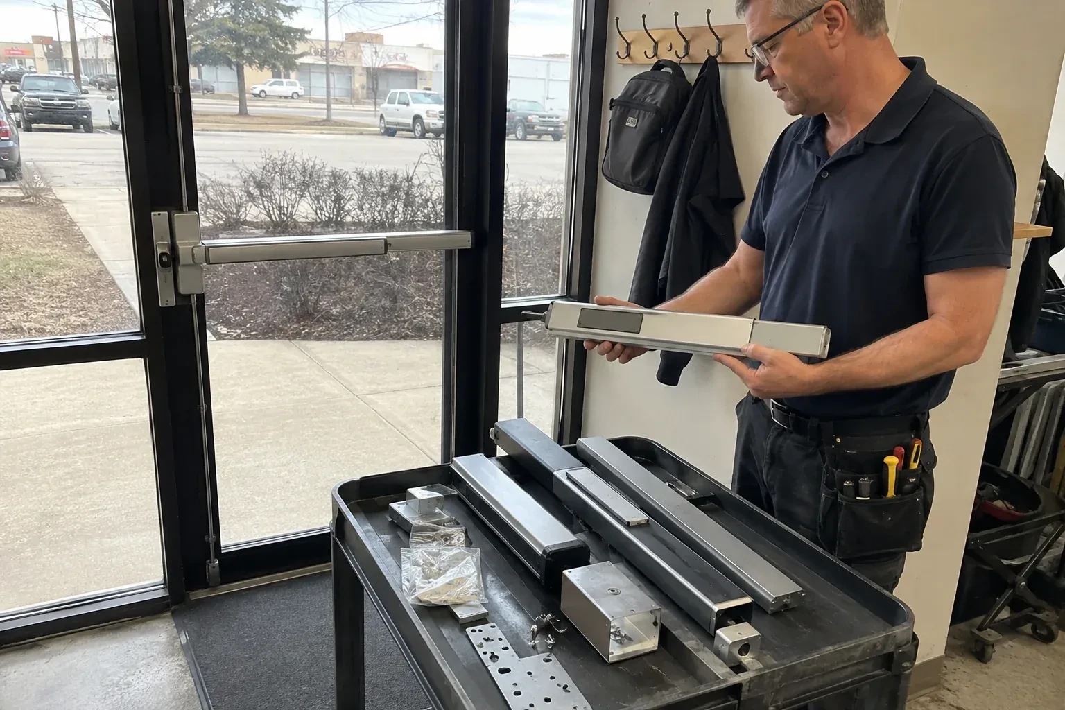 Person holding a long metal door-hardware assembly beside a cart of similar parts and a glass door fitted with a push bar. — Panic & Exit Hardware, Kitchener