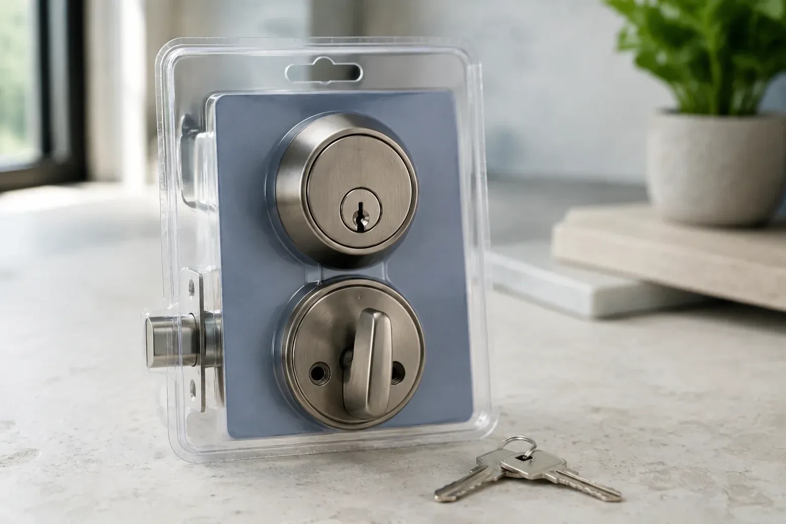 A silver-colored deadbolt set in clear packaging with two keys resting on the countertop in front. — Lock Rekeying, Kitchener