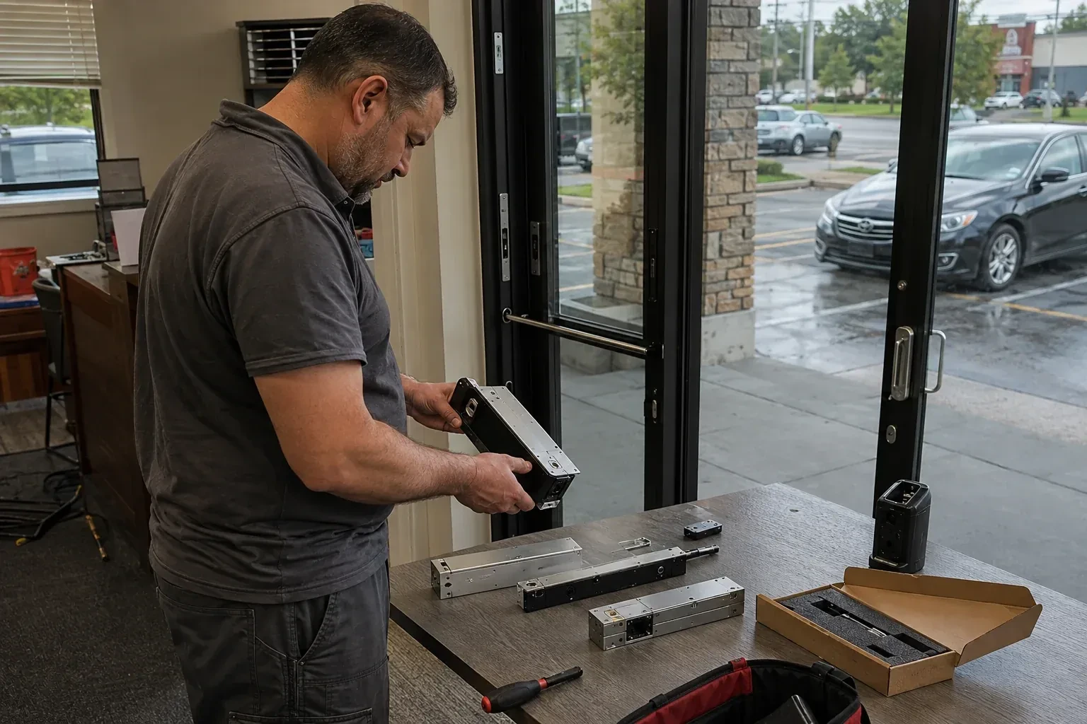 Person holding a rectangular door-hardware housing at a table with additional metal assemblies beside a glass entrance. — Access Control Installation, Kitchener