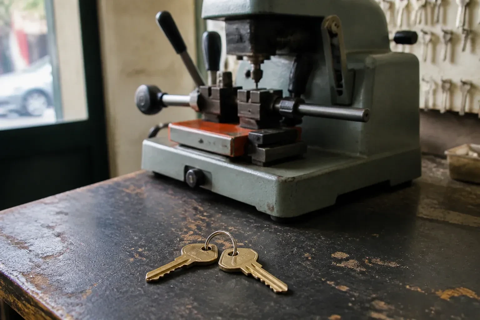 Two brass house keys on a ring resting on a workshop counter. — Spare Car Key Duplication, Kitchener