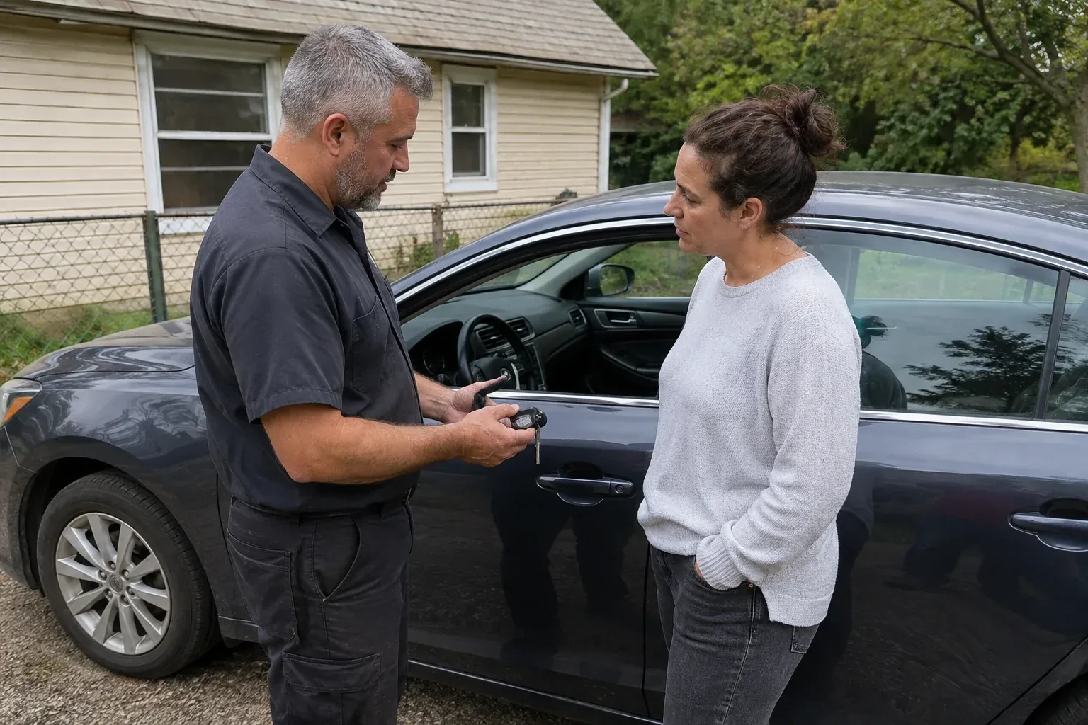 Two people standing beside a car with its window lowered, one holding a key and black key fob. — Ignition Lock Repair, Kitchener