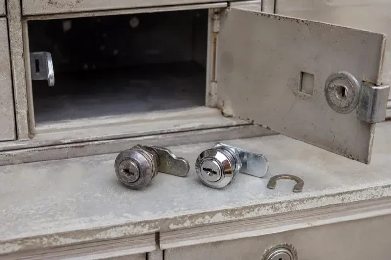 Two loose cam locks and a retaining clip resting below an open metal mailbox compartment. — Mailbox Lock Replacement, Rosemount