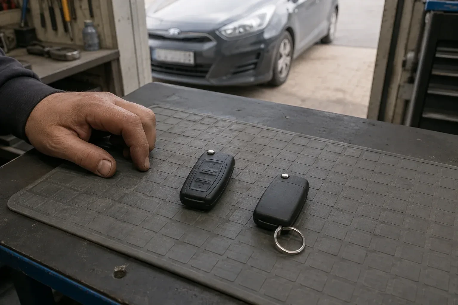 Two vehicle remote fobs on a work mat beside a technician’s hand, with a parked car beyond. — Key Fob Programming, Kitchener